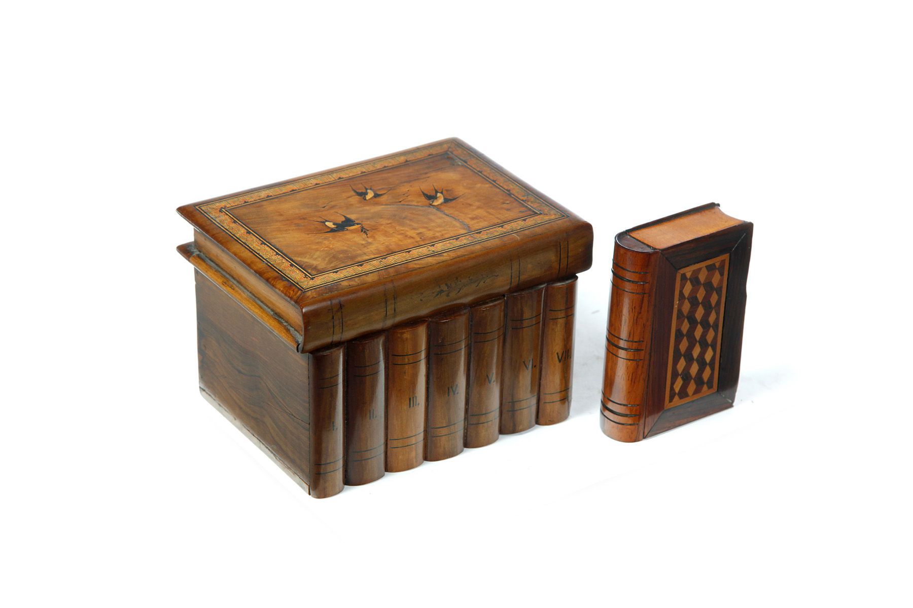 Appraisal: TWO INLAID BOOK BOXES European ca Larger has bird inlays