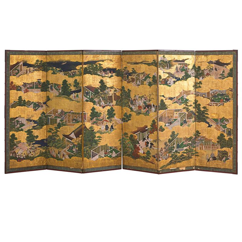 Appraisal: JAPANESE HAND PAINTED SCREEN Depicting narrative scenes from the Tale