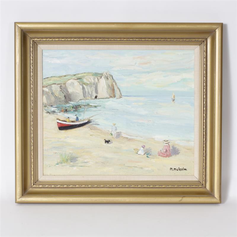 Appraisal: Continental Impressionist style beach scene with bathers and sailboats oil