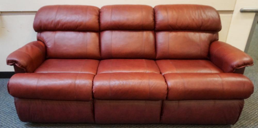 Appraisal: Modern Red Leather Three-Cushion Sofa L in cm