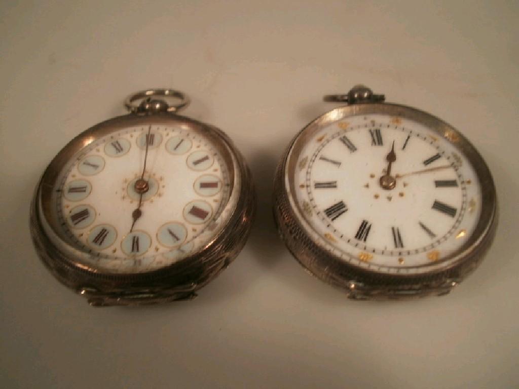 Appraisal: Two silver fob watches Swiss marks