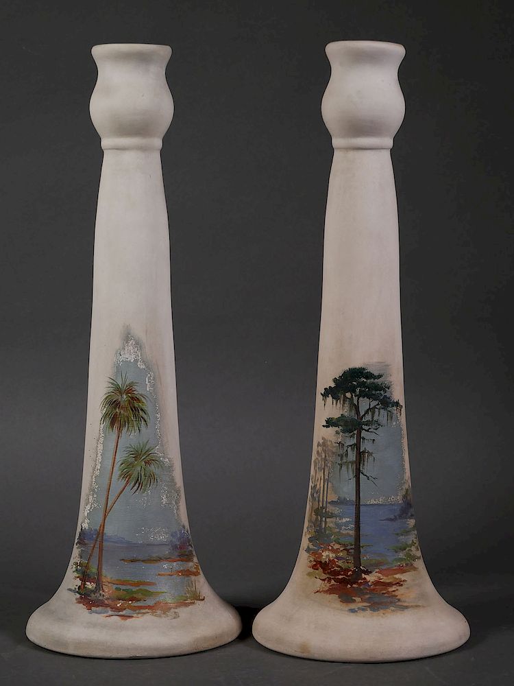 Appraisal: Florida Pottery Candlestick Holders Handpainted Pair of candle holders measuring