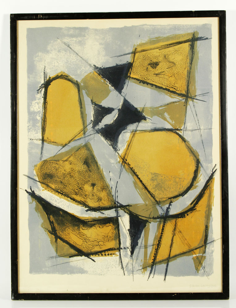 Appraisal: - Abstract Lithograph Abstract composition in blue ochre and black