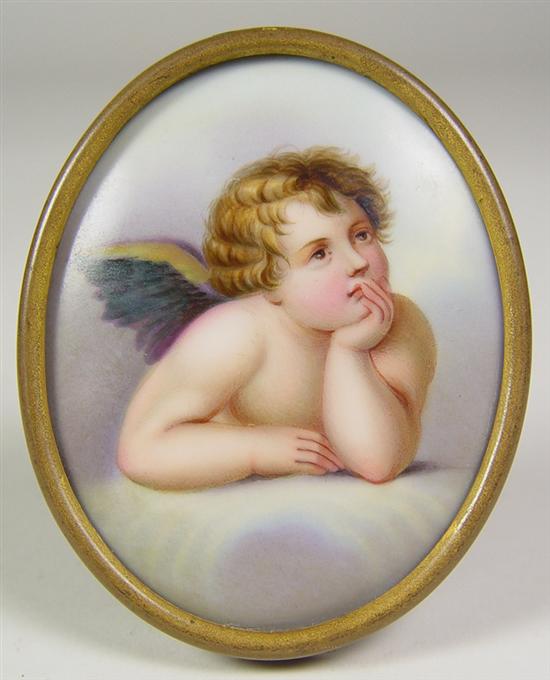 Appraisal: Miniature Portrait on Porcelain Germany Painting of cherub on cloud