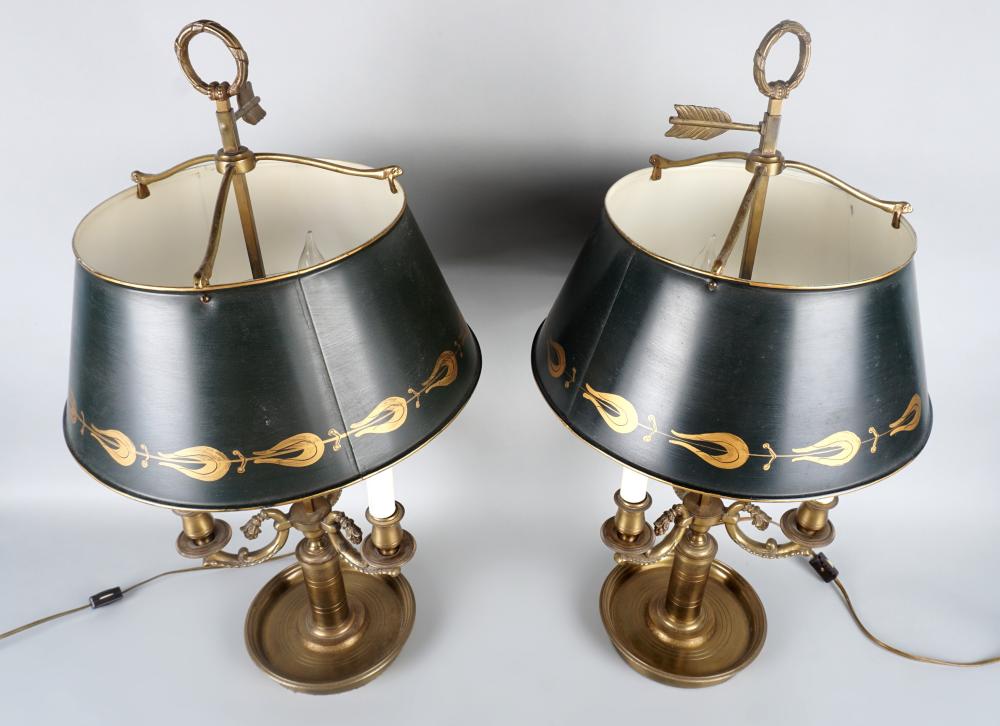 Appraisal: PAIR OF BOUILLOTTE LAMPS WITH TOLE PEINTE SHADES the brass