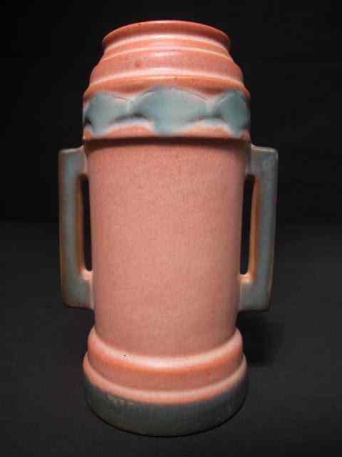 Appraisal: Roseville Futura two-handle vase in pink and blue Measures ''