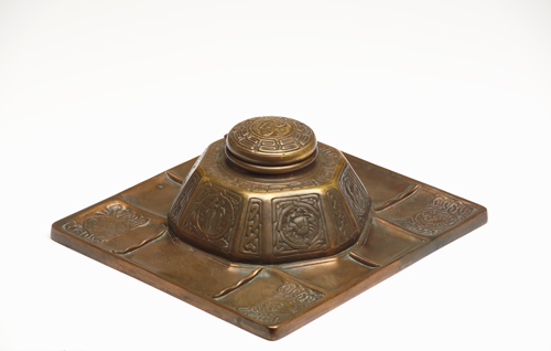 Appraisal: TIFFANY STUDIOS Bronze inkwell on tray in the Zodiac pattern