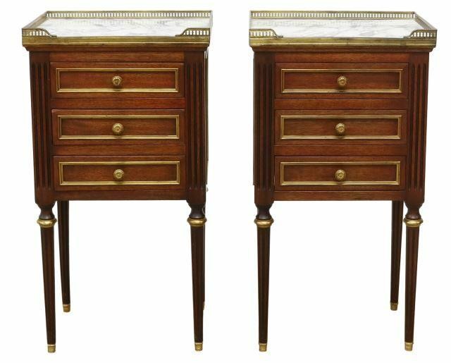 Appraisal: pair French Louis XVI style marble-top mahogany nightstands late th