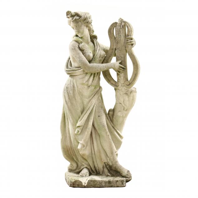 Appraisal: LIFE-SIZE CAST STONE GARDEN SCULPTURE OF WOMAN PLAYING LYRE Mid