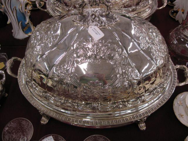 Appraisal: Enormous Silverplate Covered Meat Dome with warming tray footed repousse