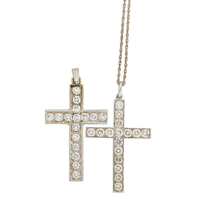 Appraisal: TWO DIAMOND PLATINUM K GOLD CROSS PENDANTS Condition Report