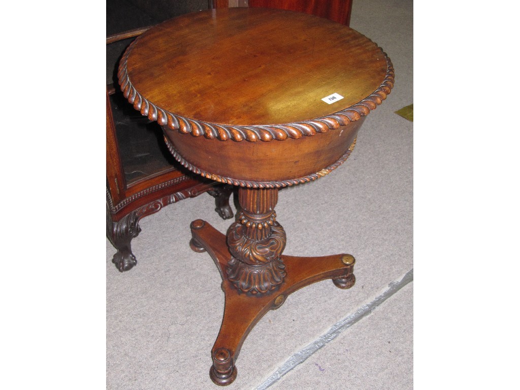 Appraisal: Regency mahogany workbox with carved pedestal base on three bun