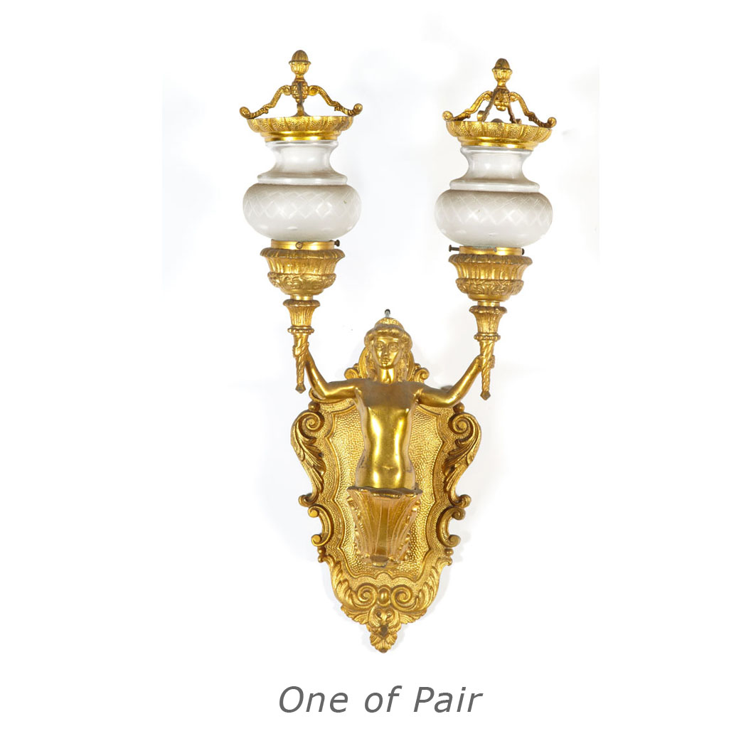 Appraisal: Pair of Empire Style Gilt-Metal Two-Light Figural Sconces Each with