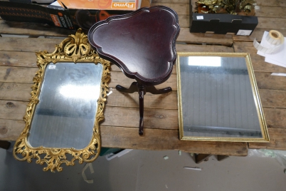 Appraisal: Two Gold framed wall mirrors together with modern occasional table