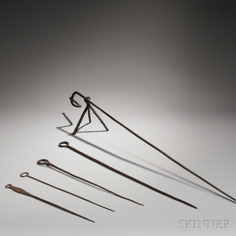 Appraisal: Wrought Iron Spit Stand and Four Wrought Iron Skewers America