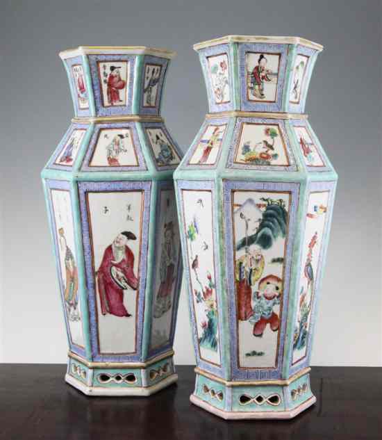 Appraisal: Two similar Chinese famille rose hexagonal baluster vases Daoguang period