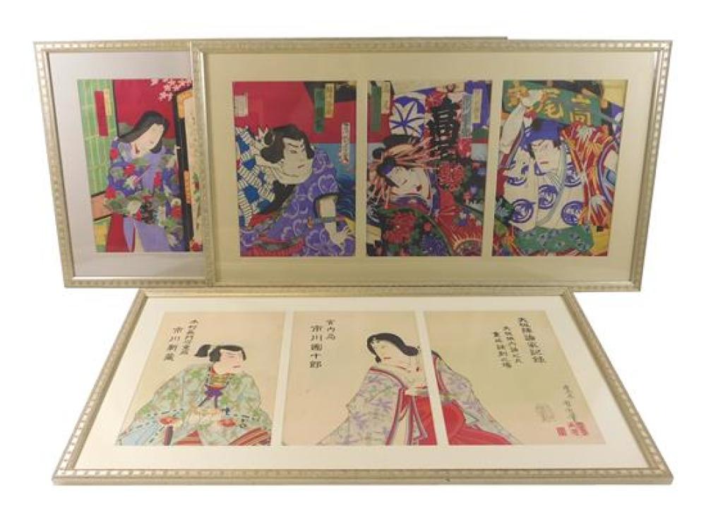 Appraisal: ASIAN Toyohara Chikanobu Japanese - three framed Japanese woodblock triptychs