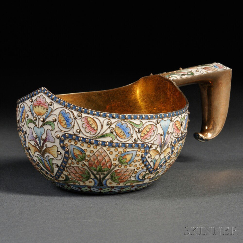 Appraisal: Russian Silver-gilt and Cloisonn Enamel Kovsh Moscow - Ovchinnikov maker