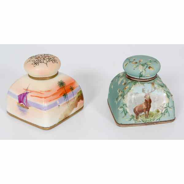 Appraisal: Nippon Inkwells Japanese two Nippon porcelain inkwells including one painted