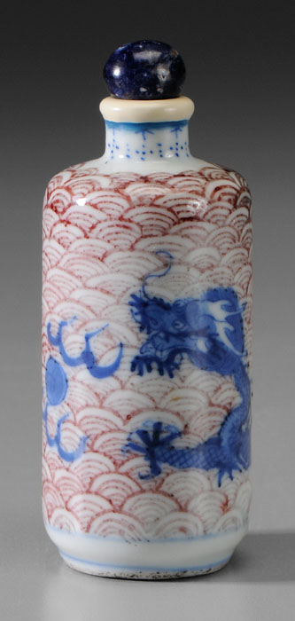 Appraisal: Porcelain Snuff Bottle Chinese th century rouleau form blue dragon