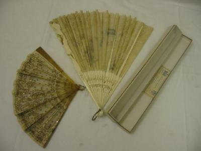 Appraisal: A DUVELLERAY PAINTED ORGANZA FAN the bone and ivorine sticks