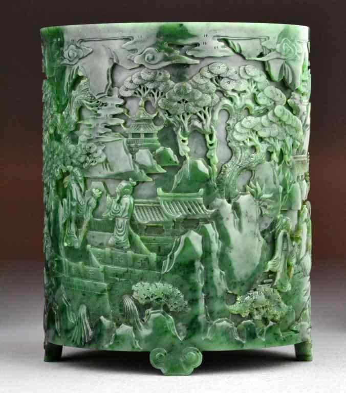 Appraisal: Important Chinese Carved Spinach Jade Brush PotFinely carved to depict