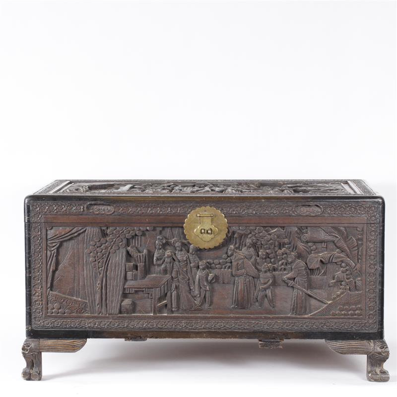 Appraisal: Chinese carved camphor chest with court scenes in high relief