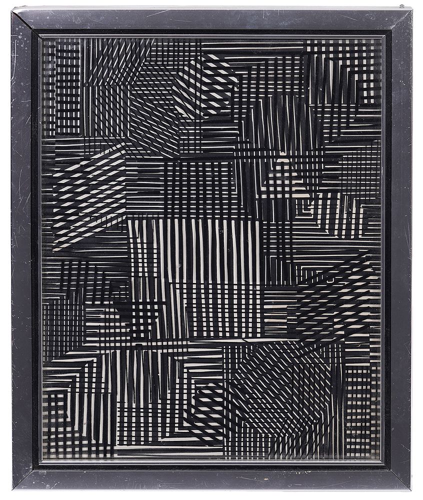 Appraisal: Agam Style Framed Black White Painting Agam style dimensional painting