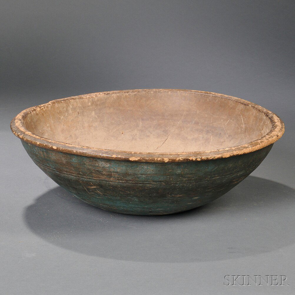 Appraisal: Blue-painted Turned Bowl New England th century with protruding rim