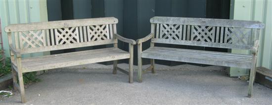 Appraisal: Pair of teak garden benches with trellis backs w in