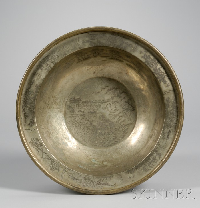 Appraisal: Asian Paktong Metal Basin with a wide rim dia in