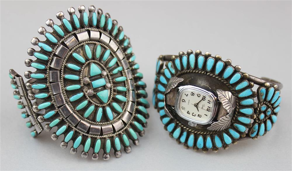 Appraisal: TWO ZUNI SILVER AND TURQUOISE CUFF BRACELETS ONE A WATCH