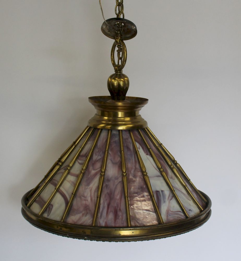 Appraisal: Antique Brass Chandelier With Slag Glass Inserts Good large size