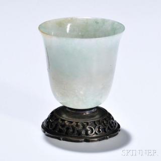 Appraisal: Jadeite Cup on Silverwork Stand Japan early th century the