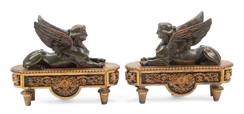 Appraisal: Pair of Empire Bronze Sphinx Chenets th c h in