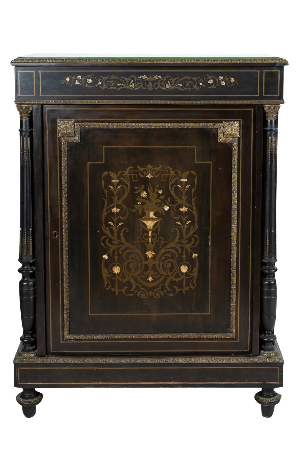 Appraisal: FRENCH BRASS-INLAID CABINETwith a hinged door opening to two shelves