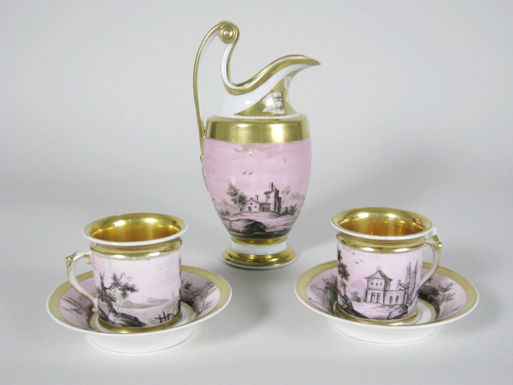 Appraisal: A Continental porcelain part Coffee Set painted sepia landscapes on