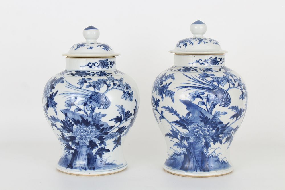 Appraisal: Chinese Blue White Porcelain Lidded Urns Chinese Blue White Porcelain