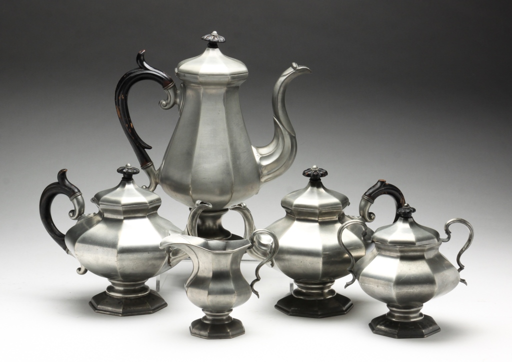 Appraisal: FIVE PIECE PEWTER TEA AND COFFEE BY DIXON England mid