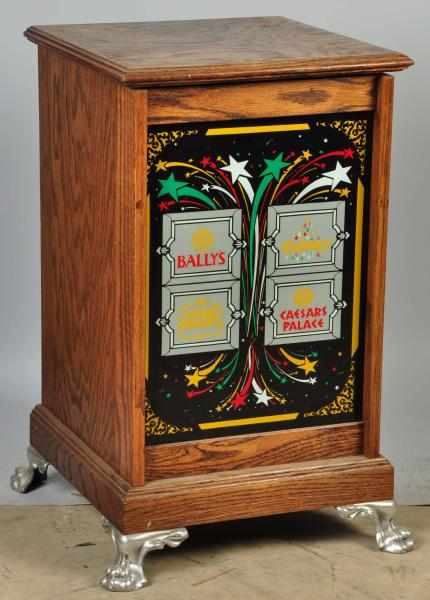 Appraisal: Wooden Slot Machine Stand Description Metal feet and casino glass