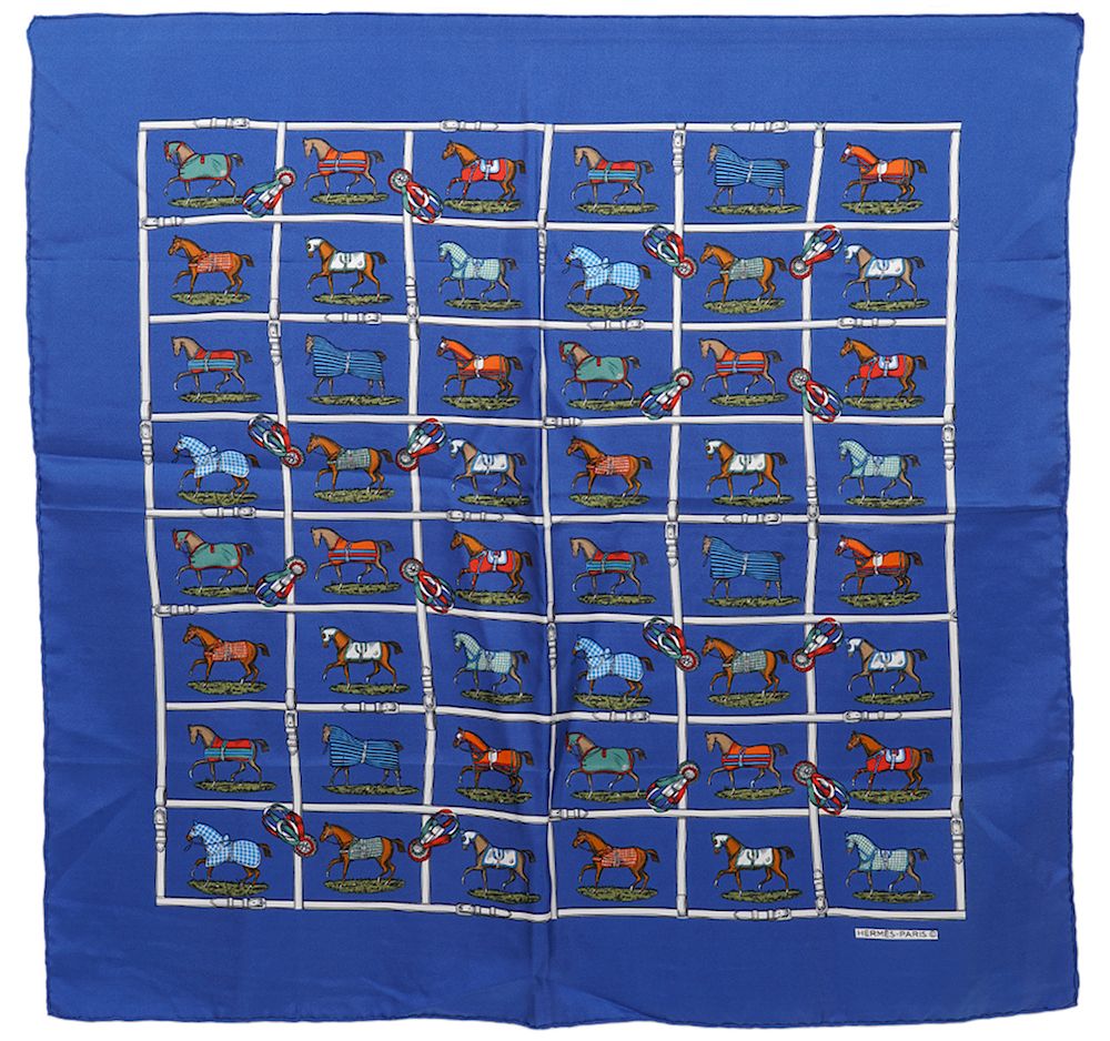 Appraisal: RARE Hermes Blue Equestrian Silk Scarf cm Hermes Blue Equestrian