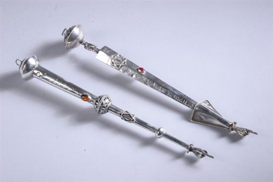 Appraisal: TWO RUSSIAN SILVER TORAH POINTERS Both bearing AK assayer marks