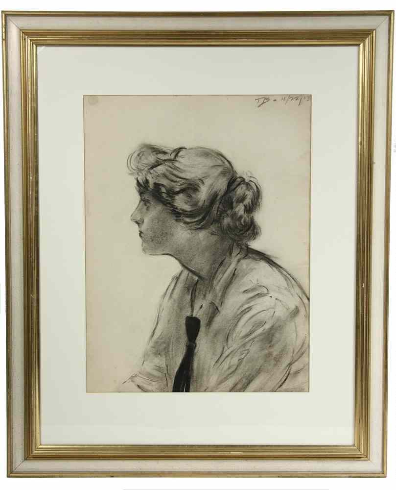 Appraisal: CHARCOAL DRAWING - Profile Portrait of Young Girl in Shirtwaist