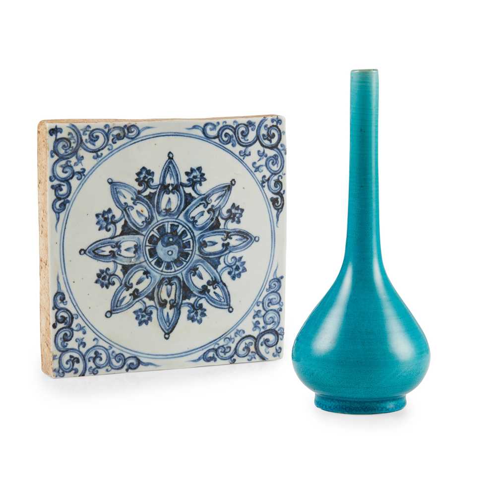 Appraisal: A MING-STYLE BLUE AND WHITE TILE AND A TURQUOISE-GLAZED BOTTLE