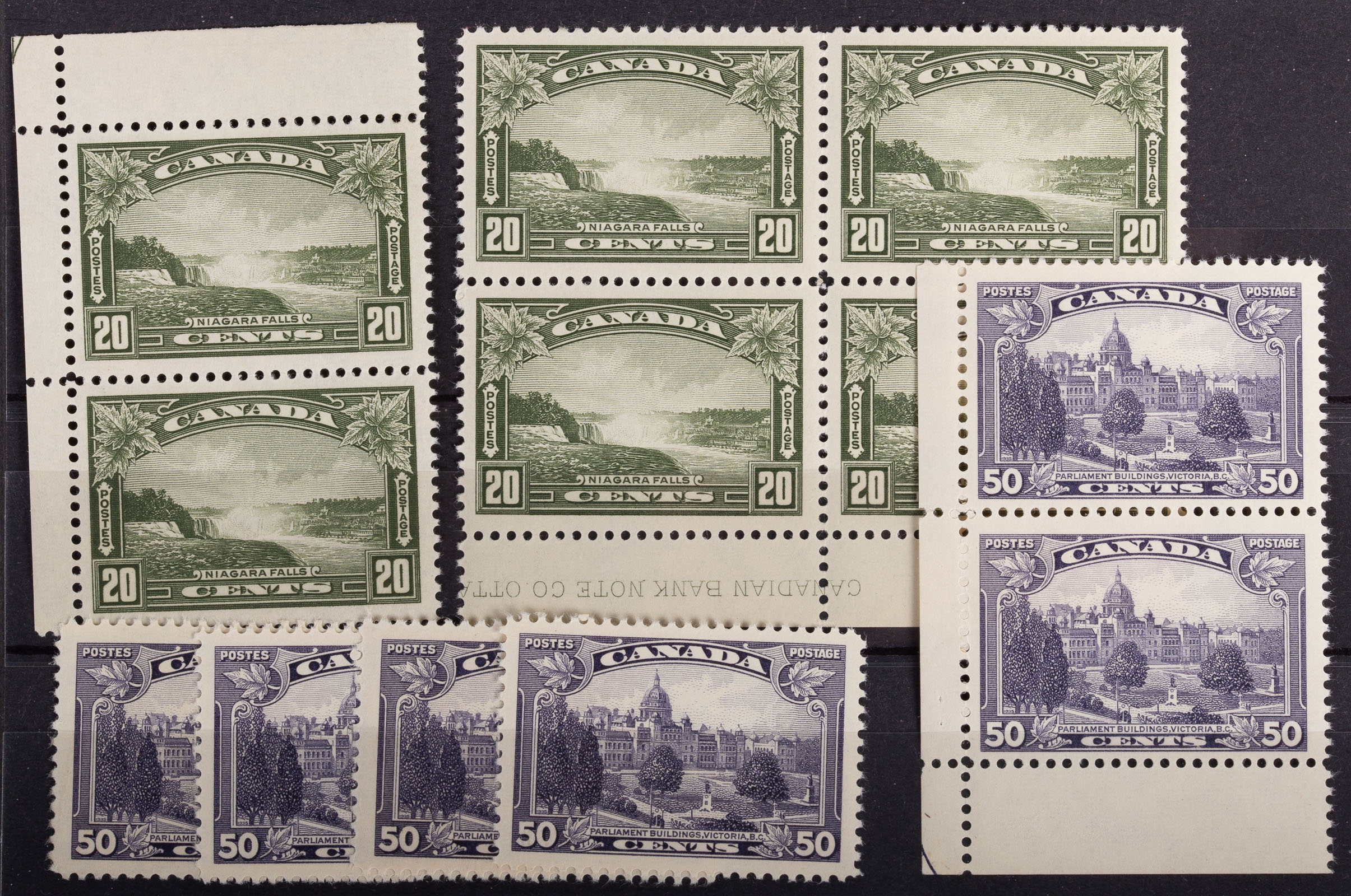 Appraisal: CANADA HIGH-DENOMINATION POSTAGE STAMPS All Mint comprising imprint block of