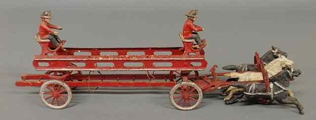 Appraisal: Cast iron toy horse-drawn fireman's ladder wagon As found h