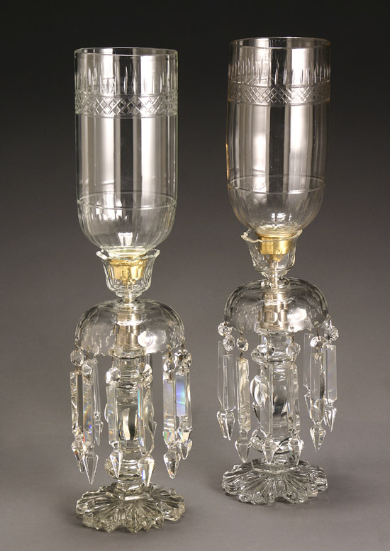 Appraisal: Pair of George III Style Cut Glass Lustre Candlesticks with