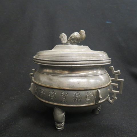 Appraisal: Chinese Pewter Censor footed symbols all around handled signed loss