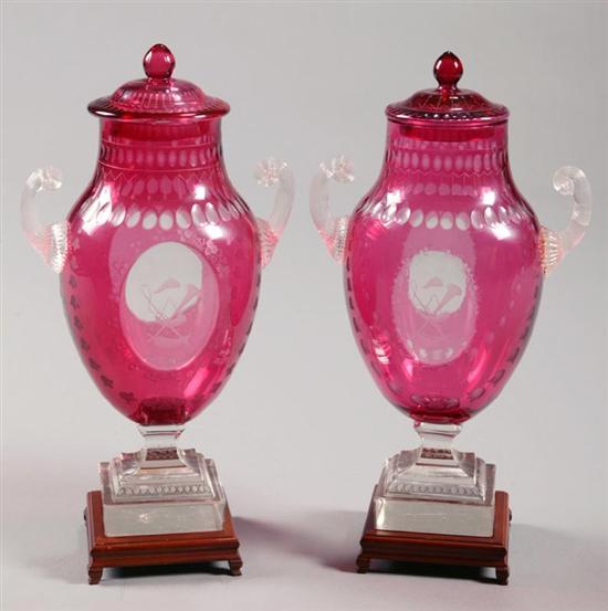 Appraisal: PAIR OF ETCHED GLASS URNS Continental nd half- th century