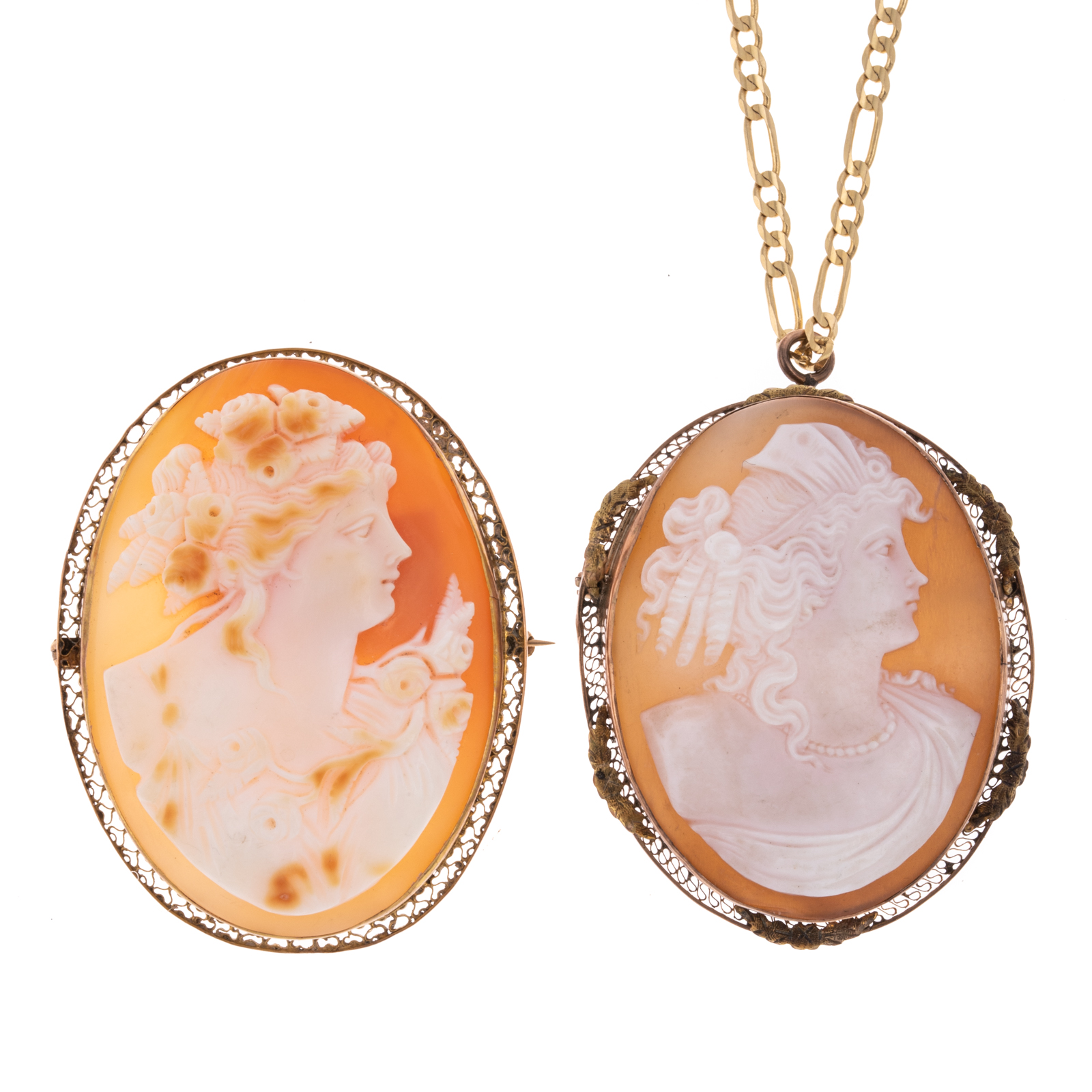 Appraisal: TWO SHELL CAMEO PIN PENDANTS IN GOLD K yellow gold